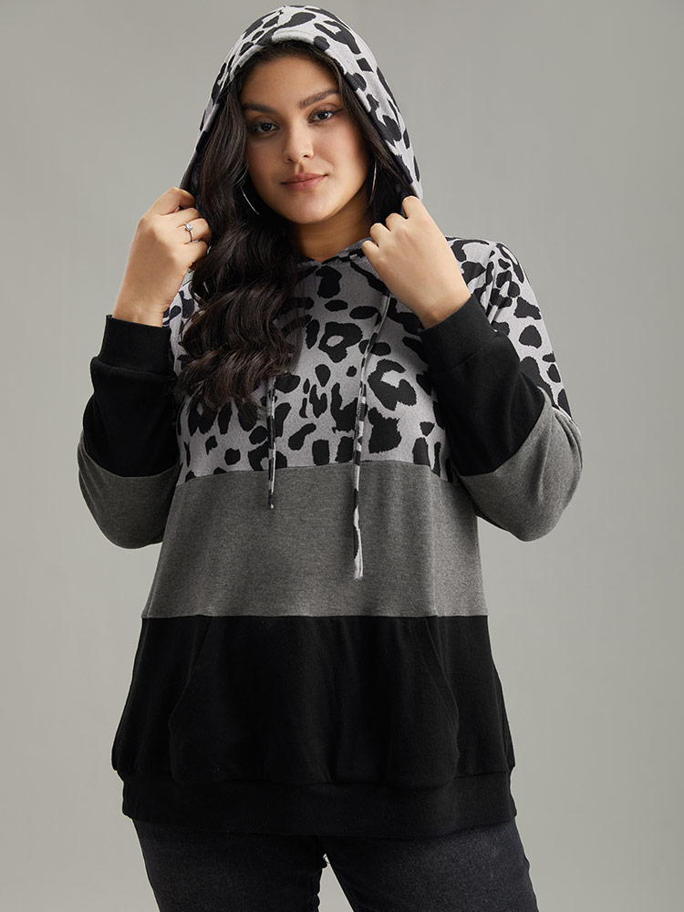 Plus Size Leopard Colorblock Contrast Hooded Drawstring Sweatshirt Women Black Casual Contrast Hooded Dailywear Sweatshirts BloomChic 14-16/1X 