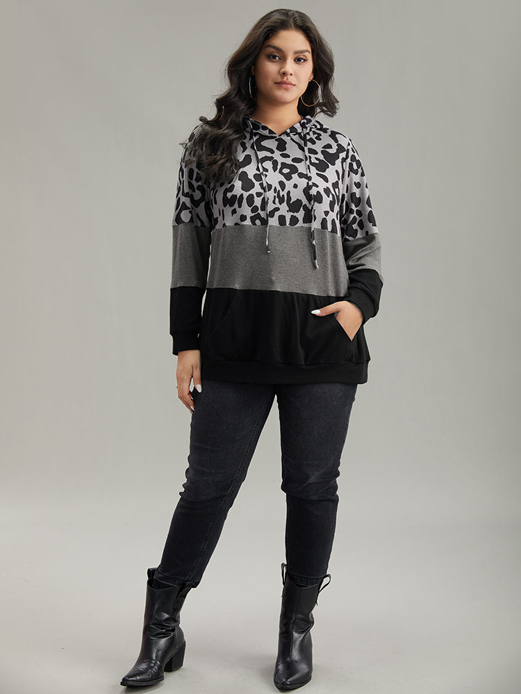 Plus Size Leopard Colorblock Contrast Hooded Drawstring Sweatshirt Women Black Casual Contrast Hooded Dailywear Sweatshirts BloomChic 14-16/1X 