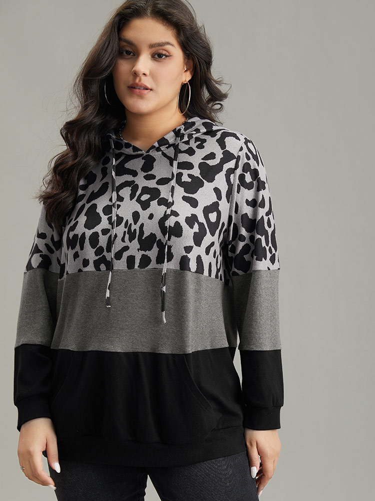 Plus Size Leopard Colorblock Contrast Hooded Drawstring Sweatshirt Women Black Casual Contrast Hooded Dailywear Sweatshirts BloomChic 14-16/1X 