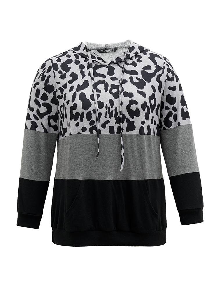 Plus Size Leopard Colorblock Contrast Hooded Drawstring Sweatshirt Women Black Casual Contrast Hooded Dailywear Sweatshirts BloomChic 14-16/1X 