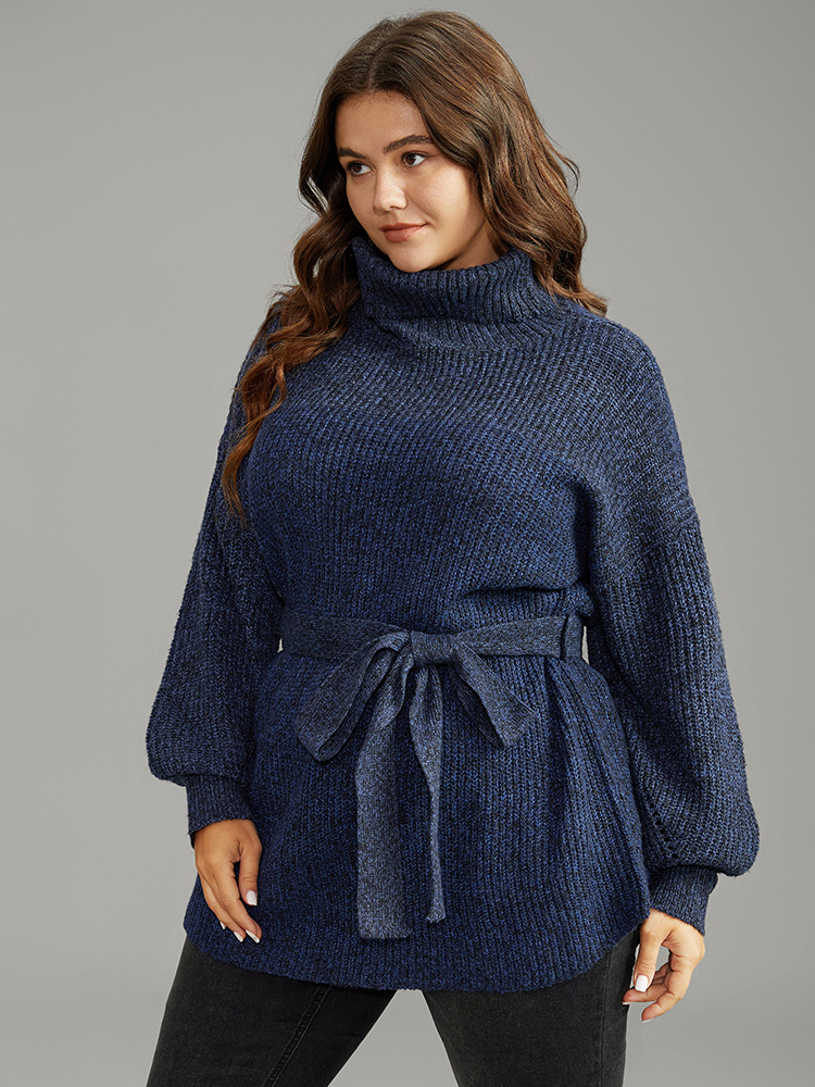 

Plus Size Turtle Neck Belted Drop Shoulder Pullover Navy Women Casual Loose Long Sleeve Lapel Collar Dailywear Pullovers BloomChic