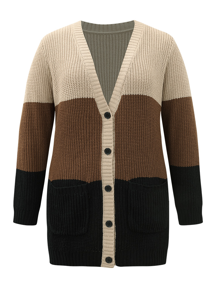 Plus Size Contrast Button Through Patched Pocket Cardigan Multicolor Women Casual Loose Long Sleeve Dailywear Cardigans BloomChic 12/L 