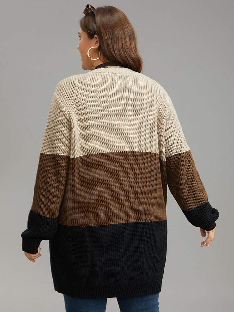 Plus Size Contrast Button Through Patched Pocket Cardigan Multicolor Women Casual Loose Long Sleeve Dailywear Cardigans BloomChic 12/L 