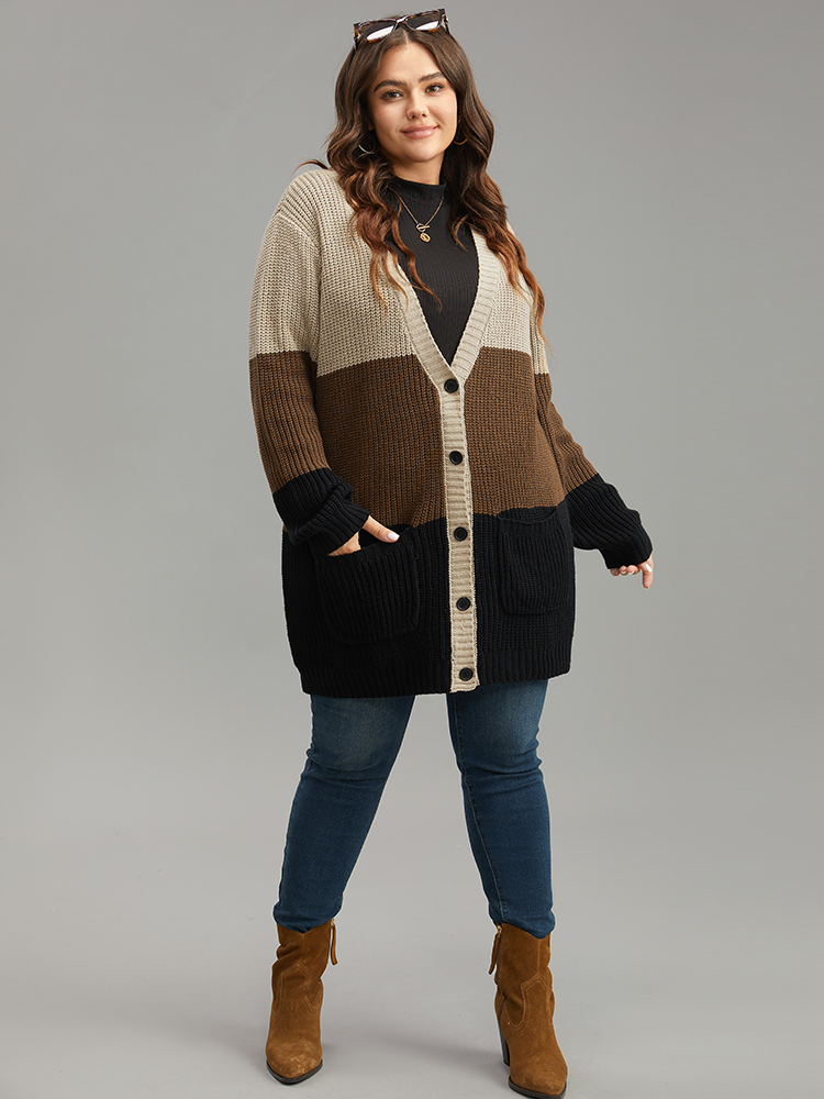 Plus Size Contrast Button Through Patched Pocket Cardigan Multicolor Women Casual Loose Long Sleeve Dailywear Cardigans BloomChic 12/L 