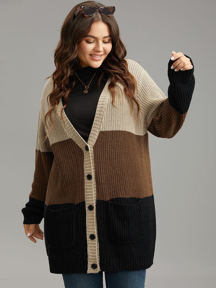 Plus Size Contrast Button Through Patched Pocket Cardigan Multicolor Women Casual Loose Long Sleeve Dailywear Cardigans BloomChic 12/L 