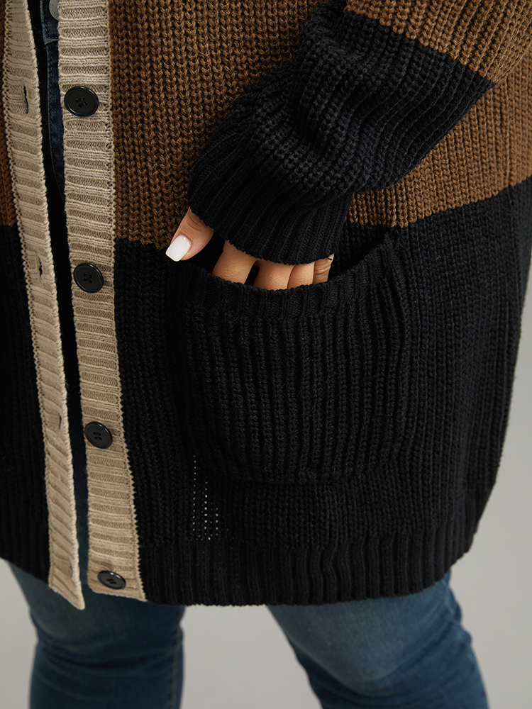 Plus Size Contrast Button Through Patched Pocket Cardigan Multicolor Women Casual Loose Long Sleeve Dailywear Cardigans BloomChic 12/L 