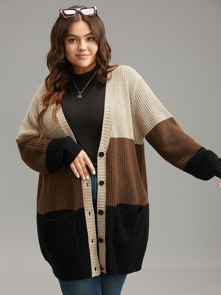 

Plus Size Contrast Button Through Patched Pocket Cardigan Multicolor Women Casual Loose Long Sleeve Dailywear Cardigans BloomChic