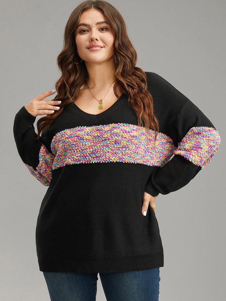 BloomChic Women's Plus Size Colour Heather Contrast V Neck Pullover Black Plain Long Sleeve 10/M