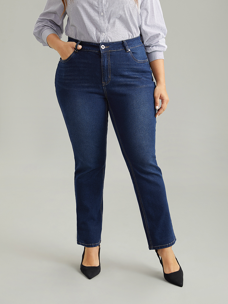 

Plus Size Straight Leg Dark Wash Zipper Fly Jeans Women DarkBlue Casual Plain Pocket High stretch Pocket Jeans BloomChic