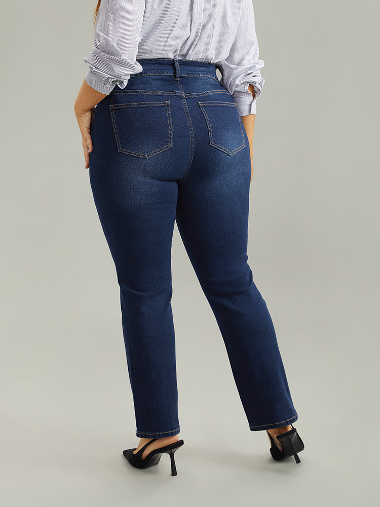 Plus Size Straight Leg Dark Wash Zipper Fly Jeans Women DarkBlue Casual Plain Pocket High stretch Pocket Jeans BloomChic 30/6X 