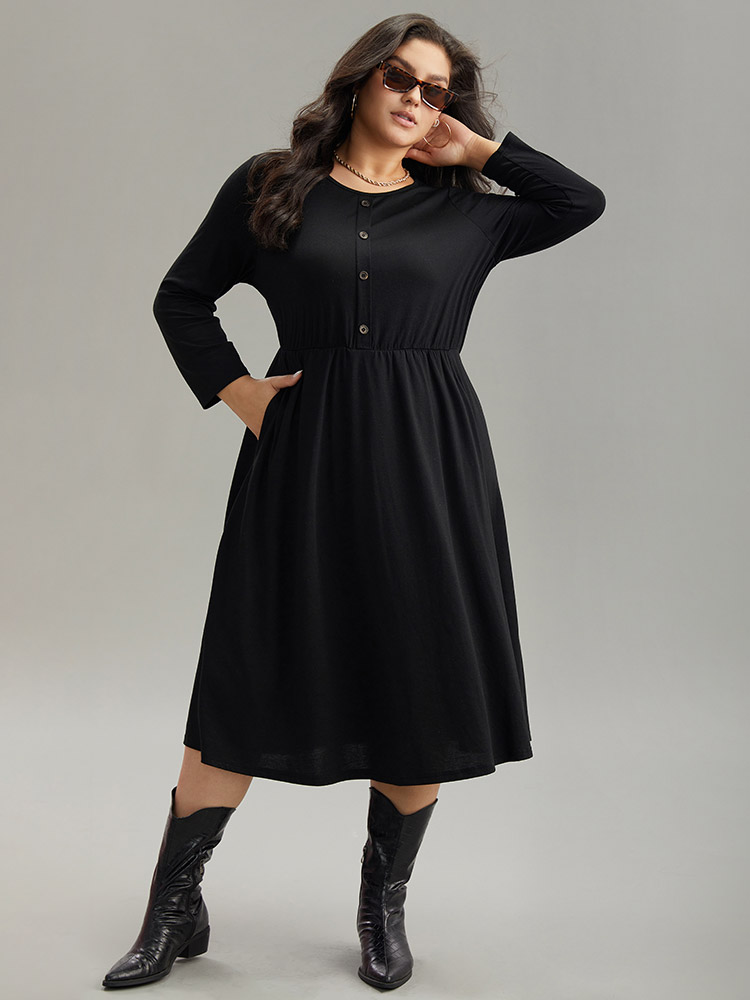 

Plus Size Supersoft Essentials Solid Button Detail Dress Black Women Casual Plain Round Neck Long Sleeve Curvy Midi Dress BloomChic