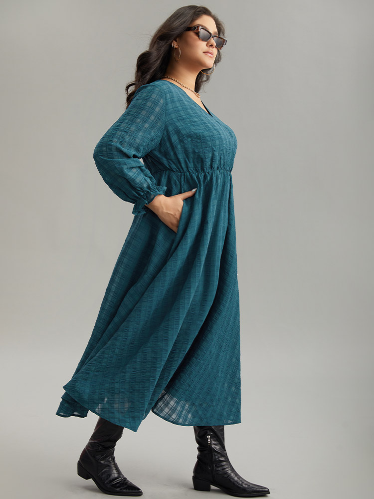 

Plus Size Plaid Wrap Elastic Waist Gathered Ruffles Dress Cyan Women Casual Plain V-neck Long Sleeve Curvy Midi Dress BloomChic