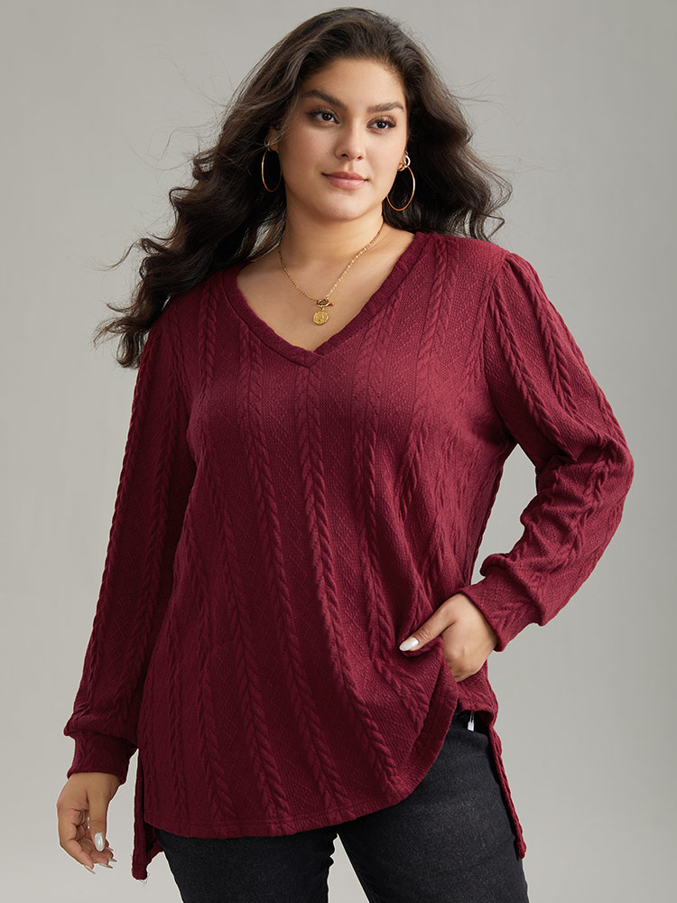 Plus Size Women Dailywear Plain Slit Regular Regular Sleeve Long Sleeve V-neck Casual Sweatshirts BloomChic 