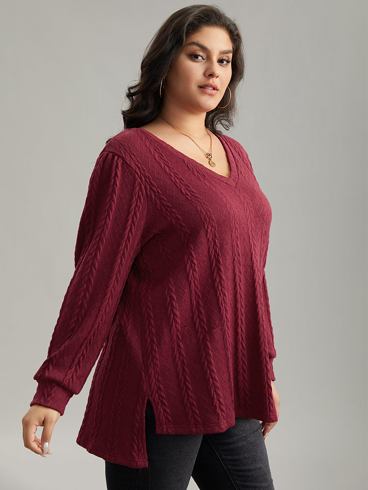 Plus Size Women Dailywear Plain Slit Regular Regular Sleeve Long Sleeve V-neck Casual Sweatshirts BloomChic 