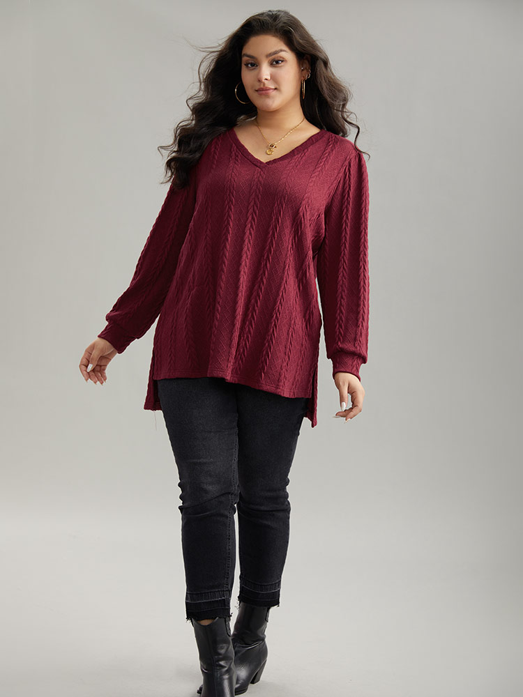 Plus Size Women Dailywear Plain Slit Regular Regular Sleeve Long Sleeve V-neck Casual Sweatshirts BloomChic 