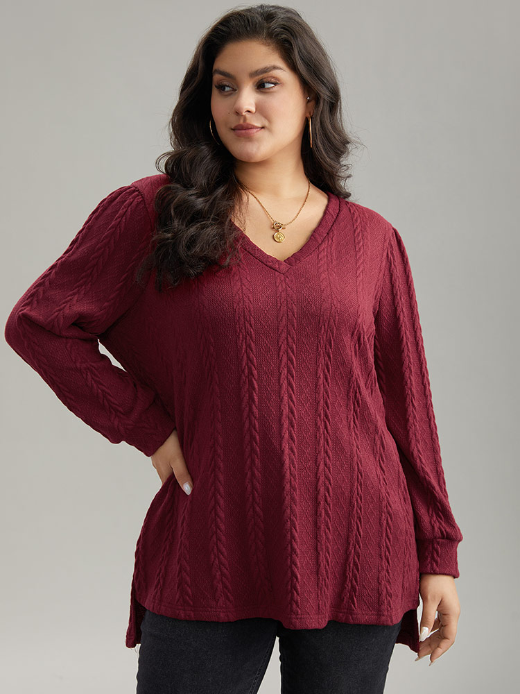 Plus Size Women Dailywear Plain Slit Regular Regular Sleeve Long Sleeve V-neck Casual Sweatshirts BloomChic 