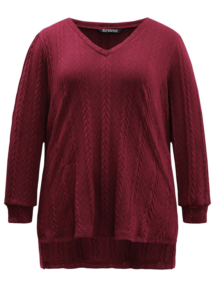 Plus Size Women Dailywear Plain Slit Regular Regular Sleeve Long Sleeve V-neck Casual Sweatshirts BloomChic 
