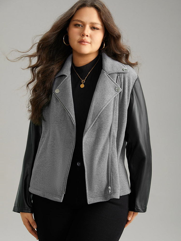 

Plus Size PU Leather Zipper Contrast Button Detail Jacket Women Black Contrast Pocket Dailywear Jackets BloomChic