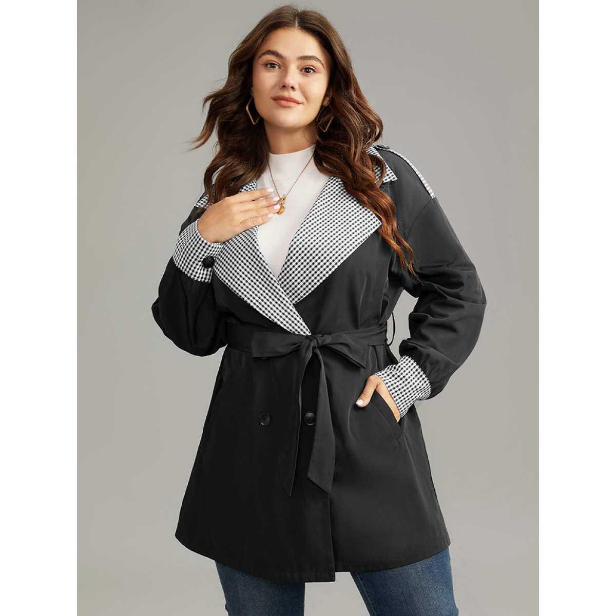 

Plus Size Gingham Patchwork Belted Pocket Coat Women Black Casual Belted Ladies Dailywear Winter Coats BloomChic
