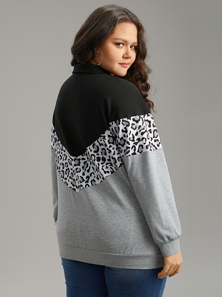 Plus Size Leopard Contrast Patchwork Half Zip Sweatshirt Women Black Casual Elastic cuffs Loose Polo Everyday Sweatshirts BloomChic 28/5X 