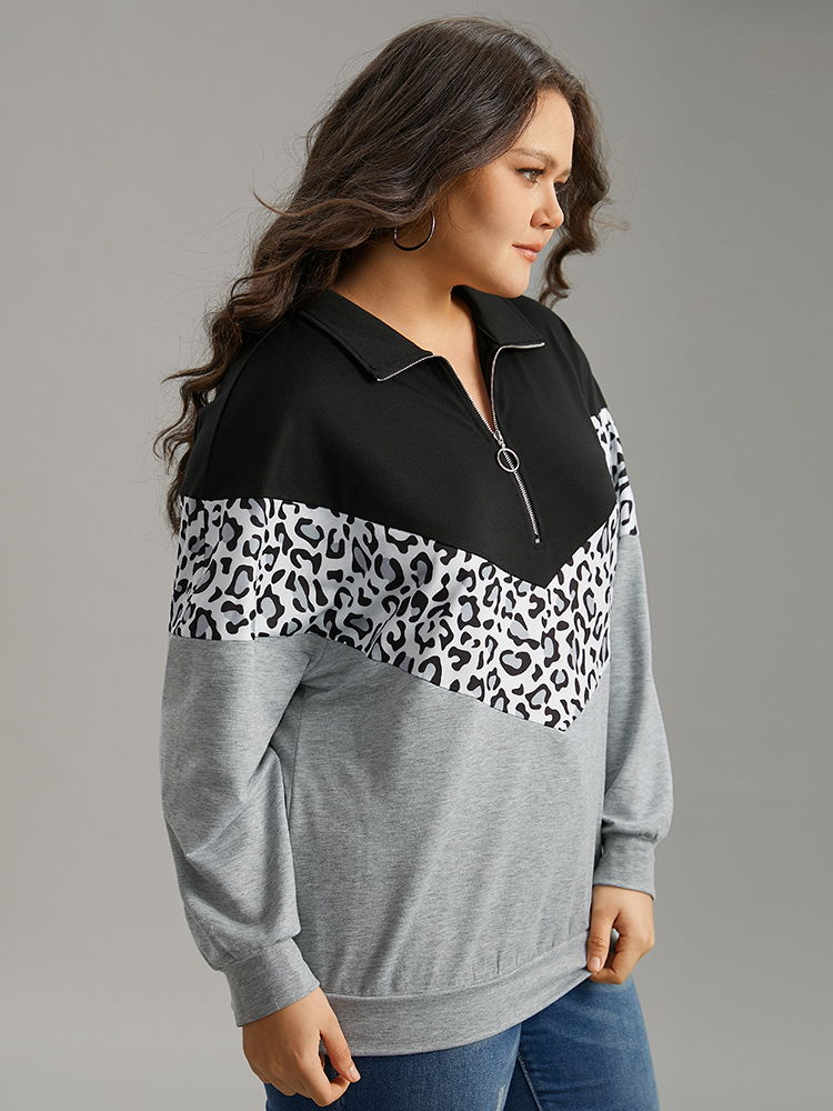 Plus Size Leopard Contrast Patchwork Half Zip Sweatshirt Women Black Casual Elastic cuffs Loose Polo Everyday Sweatshirts BloomChic 28/5X 