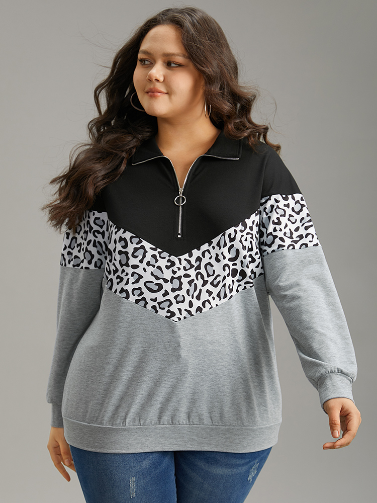 Plus Size Leopard Contrast Patchwork Half Zip Sweatshirt Women Black Casual Elastic cuffs Loose Polo Everyday Sweatshirts BloomChic 28/5X 