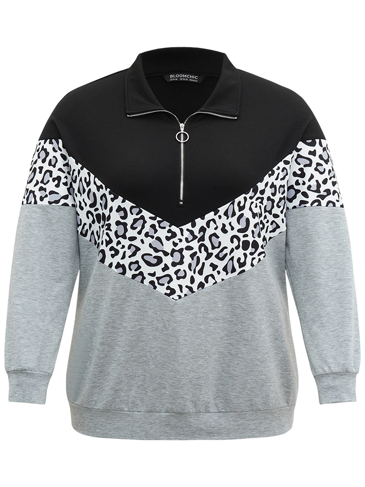 Plus Size Leopard Contrast Patchwork Half Zip Sweatshirt Women Black Casual Elastic cuffs Loose Polo Everyday Sweatshirts BloomChic 28/5X 