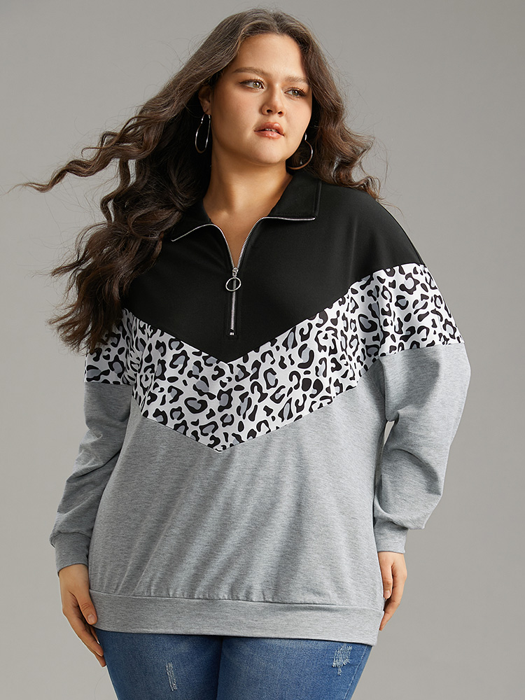 

Plus Size Leopard Contrast Patchwork Half Zip Sweatshirt Women Black Casual Elastic cuffs Loose Polo Everyday Sweatshirts BloomChic