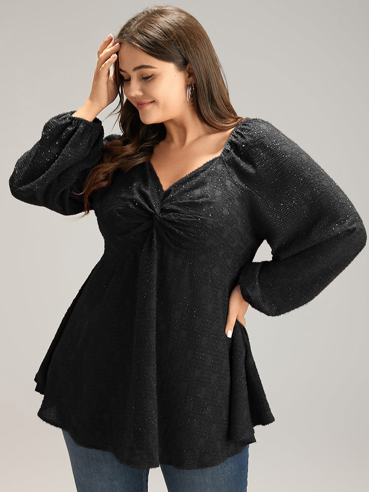 

Plus Size Black Solid Glitter Twist Front Gathered Blouse Women Cocktail Long Sleeve V-neck Party Blouses BloomChic