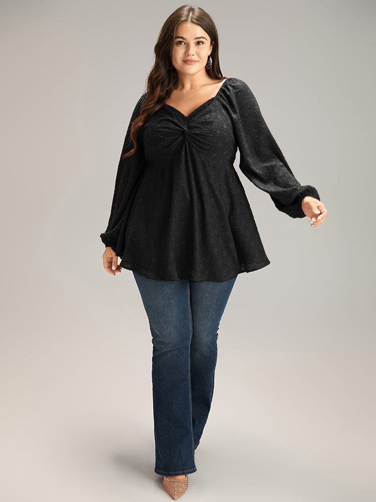 

Plus Size Black Solid Glitter Twist Front Gathered Blouse Women Cocktail Long Sleeve V-neck Party Blouses BloomChic