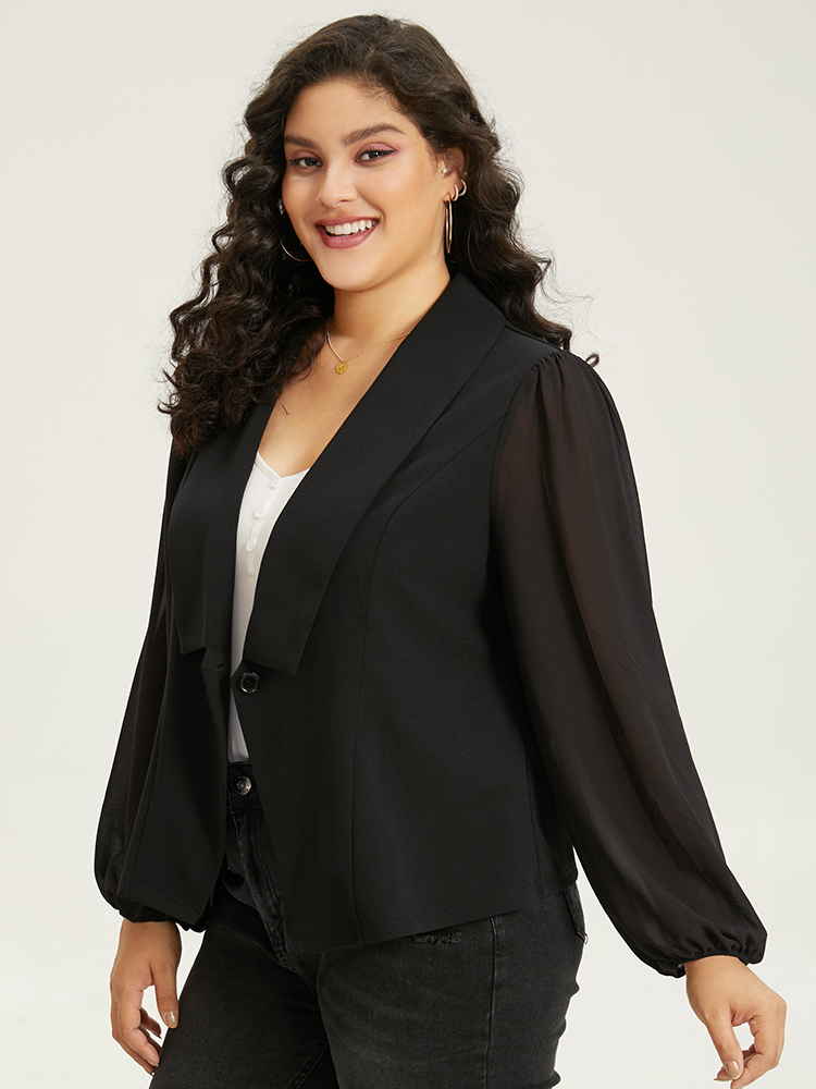 Plus Size Solid Suit Collar Gathered Blazer Black Women Dailywear Plain Elastic cuffs Sleeve Long Sleeve Suit Collar 14-16/1X Casual Blazers BloomChic 