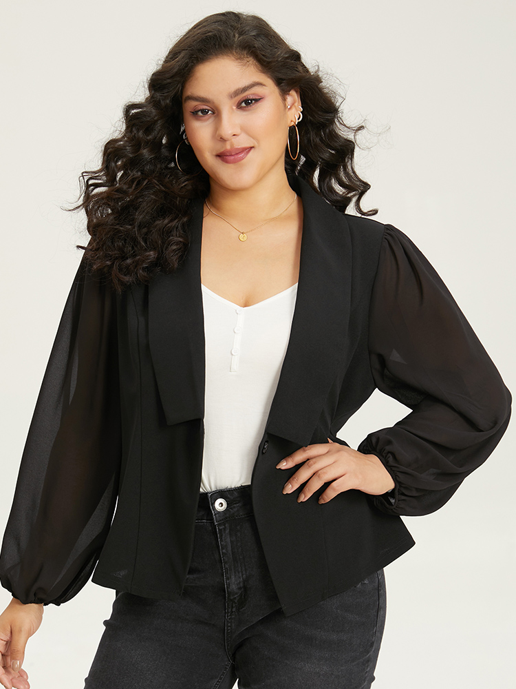 Plus Size Solid Suit Collar Gathered Blazer Black Women Dailywear Plain Elastic cuffs Sleeve Long Sleeve Suit Collar 14-16/1X Casual Blazers BloomChic 