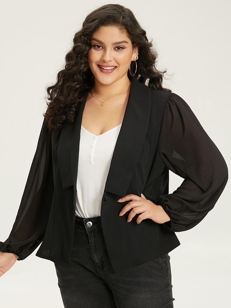 Plus Size Solid Suit Collar Gathered Blazer Black Women Dailywear Plain Elastic cuffs Sleeve Long Sleeve Suit Collar 14-16/1X Casual Blazers BloomChic 