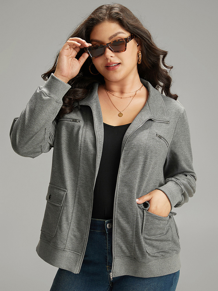 

Plus Size Solid Zipper Pocket Jacket Women Gray Plain Pocket Everyday Jackets BloomChic