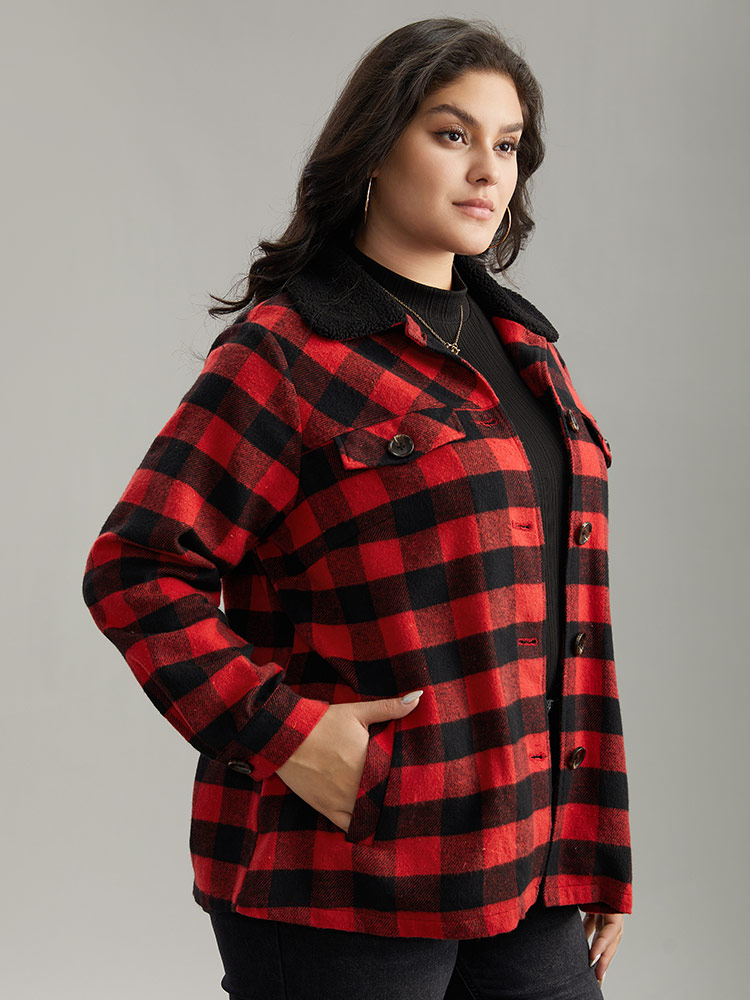 

Plus Size Plaid Button Through Patchwork Contrast Shacket Women Red Casual Contrast Ladies Dailywear Winter Coats BloomChic