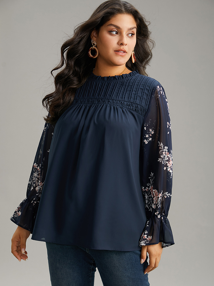 

Plus Size Indigo Twill Floral Patchwork Shirred Mesh Frill Trim Blouse Women Elegant Long Sleeve Stand-up collar Dailywear Blouses BloomChic