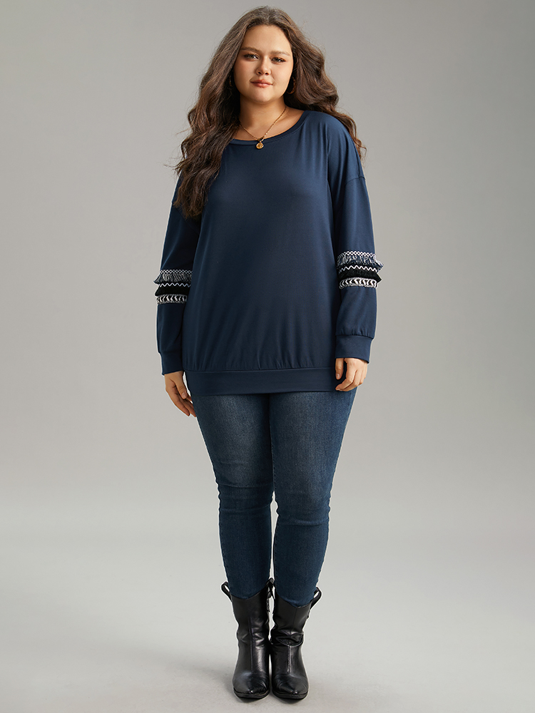

Plus Size Tassels Trim Layered Patchwork Sweatshirt Women DarkBlue Elegant Tassels Round Neck Dailywear Sweatshirts BloomChic