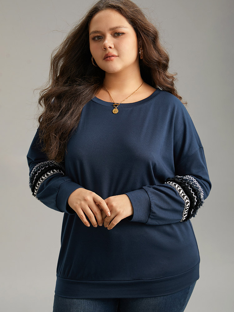 

Plus Size Tassels Trim Layered Patchwork Sweatshirt Women DarkBlue Elegant Tassels Round Neck Dailywear Sweatshirts BloomChic