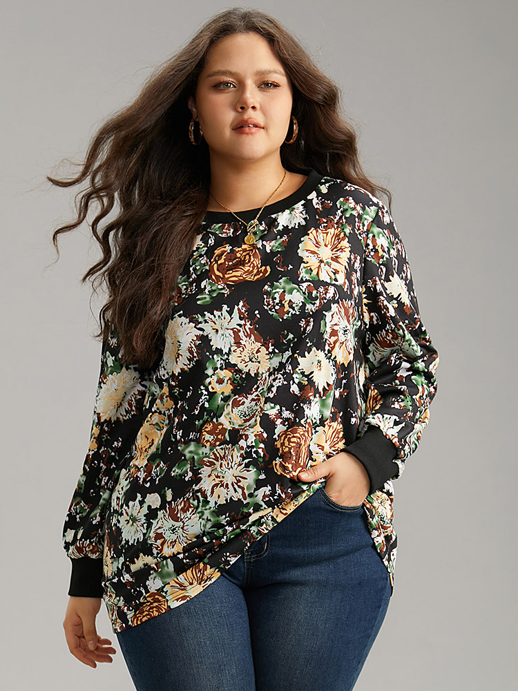 

Plus Size Floral Print Elastic Cuffs Sweatshirt Women Black Elegant Printed Round Neck Dailywear Sweatshirts BloomChic