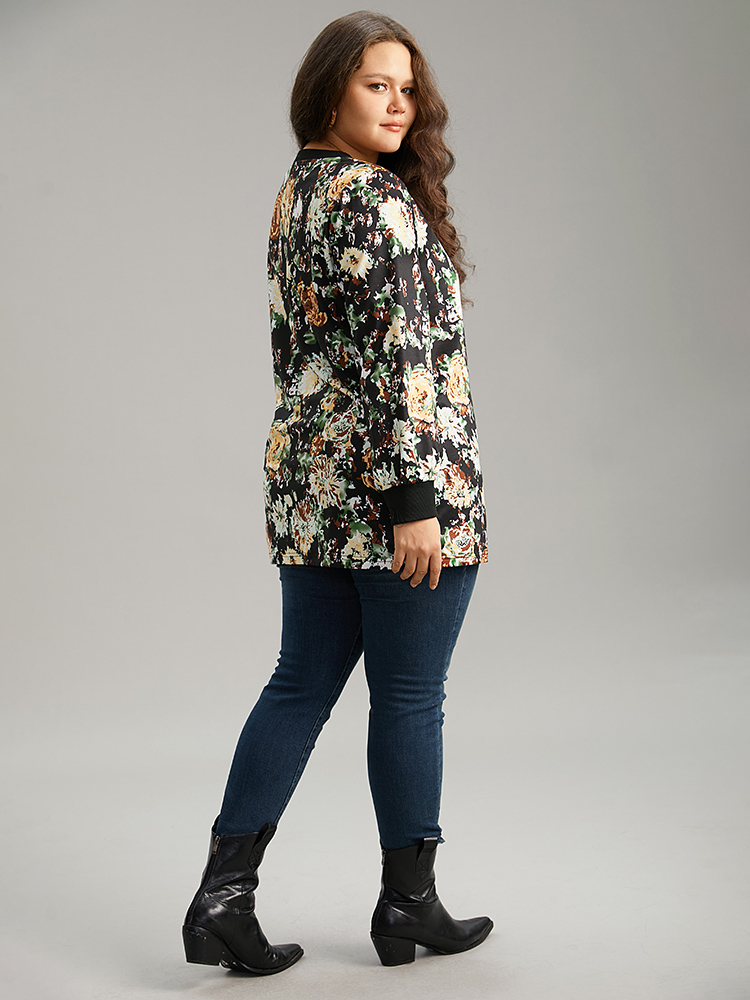 Plus Size Floral Print Elastic Cuffs Sweatshirt Women Black Elegant Printed Round Neck Dailywear Sweatshirts BloomChic 26/4X 