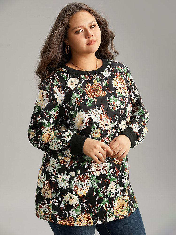 Plus Size Floral Print Elastic Cuffs Sweatshirt Women Black Elegant Printed Round Neck Dailywear Sweatshirts BloomChic 26/4X 