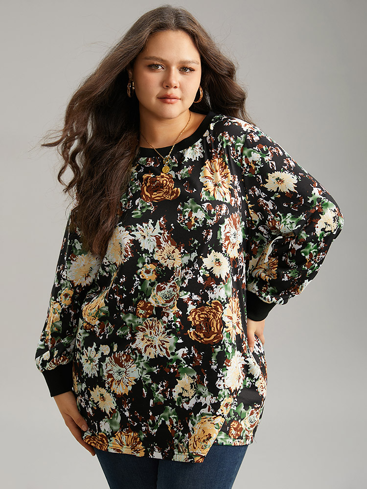 Plus Size Floral Print Elastic Cuffs Sweatshirt Women Black Elegant Printed Round Neck Dailywear Sweatshirts BloomChic 26/4X 