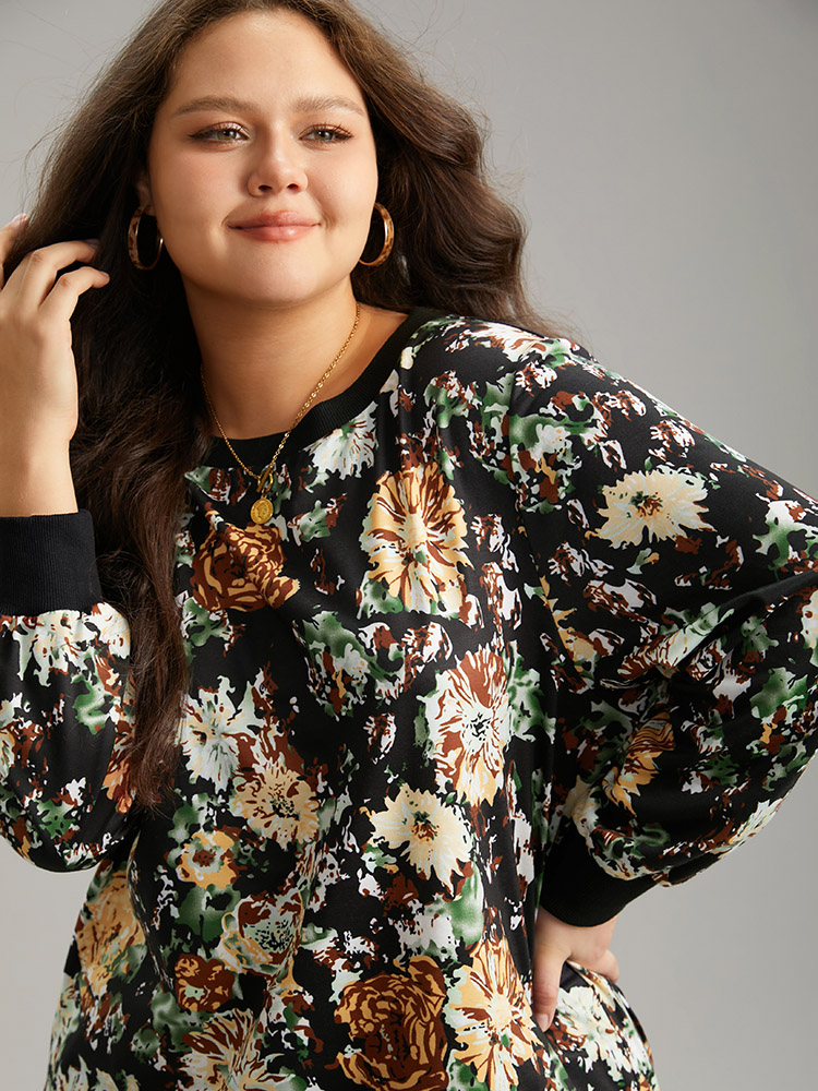 Plus Size Floral Print Elastic Cuffs Sweatshirt Women Black Elegant Printed Round Neck Dailywear Sweatshirts BloomChic 26/4X 