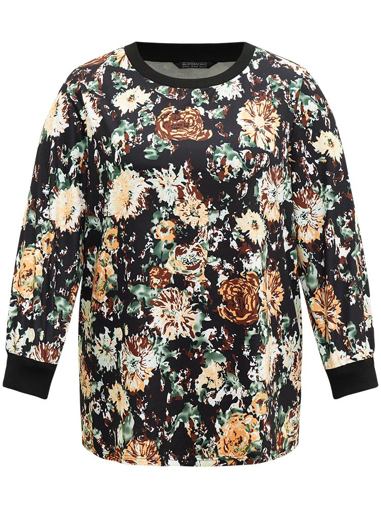 Plus Size Floral Print Elastic Cuffs Sweatshirt Women Black Elegant Printed Round Neck Dailywear Sweatshirts BloomChic 26/4X 