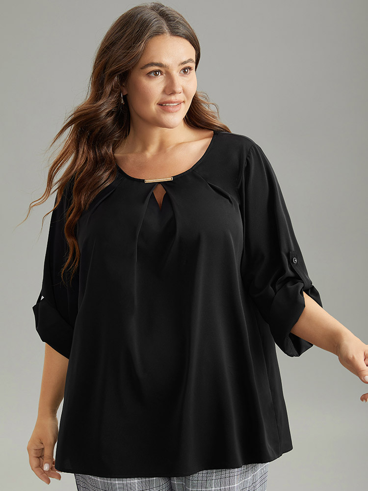 

Plus Size Black Anti-Wrinkle Buckle Detail Keyhole Tab Sleeve Blouse Women Office Long Sleeve Round Neck Work Blouses BloomChic