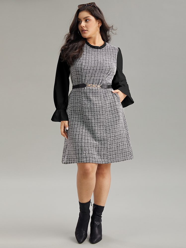 

Plus Size Plaid Patchwork Ruffle Trim Knee Dress Black Women Office Texture Mock Neck Long Sleeve Curvy Knee Dress BloomChic