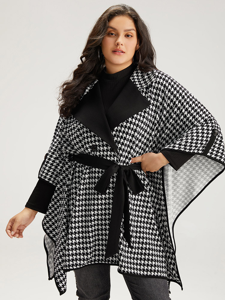 

Plus Size Houndstooth Dolman Sleeve Lapel Collar Belted Coat Women Black Casual Belted Loose Ladies Dailywear Winter Coats BloomChic