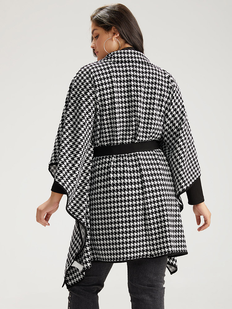 Plus Size Houndstooth Dolman Sleeve Lapel Collar Belted Coat Women Black Casual Belted Loose Ladies Dailywear Winter Coats BloomChic 22-24/3X 