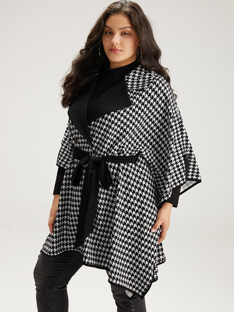 Plus Size Houndstooth Dolman Sleeve Lapel Collar Belted Coat Women Black Casual Belted Loose Ladies Dailywear Winter Coats BloomChic 22-24/3X 