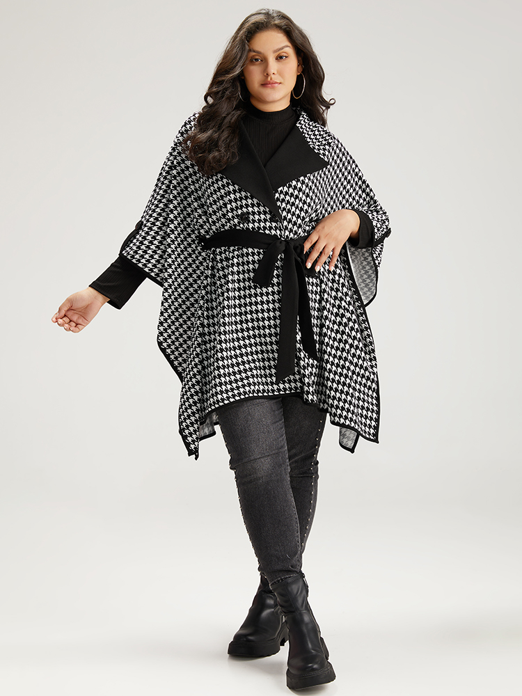 Plus Size Houndstooth Dolman Sleeve Lapel Collar Belted Coat Women Black Casual Belted Loose Ladies Dailywear Winter Coats BloomChic 22-24/3X 